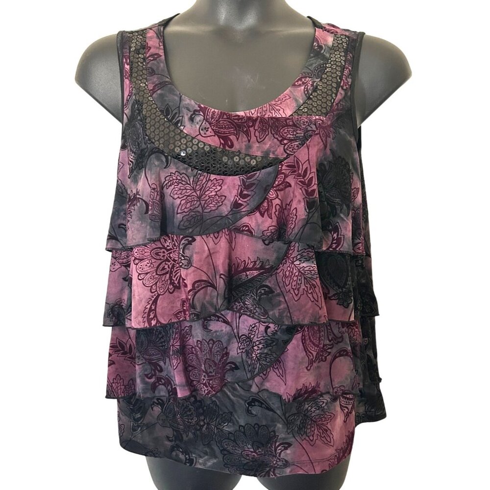 Dress Barn Sleeveless Ruffle Tiered Floral Print Top With Sequin Accent - 1X